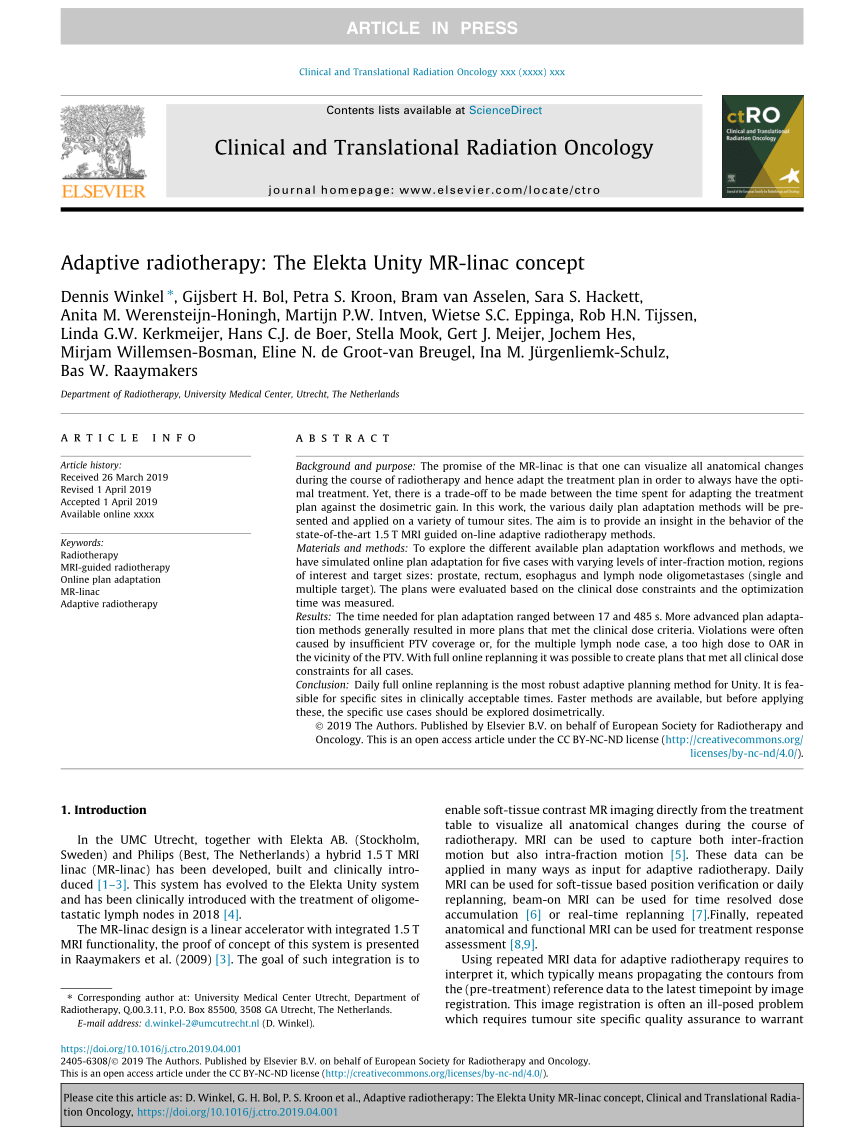 Pdf Adaptive Radiotherapy The Elekta Unity Mr Linac Concept