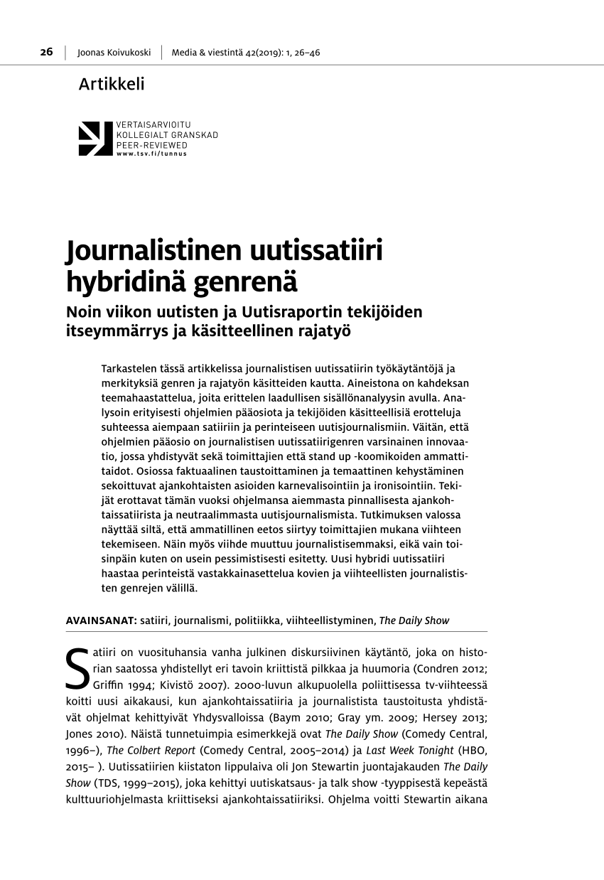 PDF) Journalistinen uutissatiiri hybridinä genrenä - Noin viikon uutisten  ja Uutisraportin tekijöiden itseymmärrys ja käsitteellinen rajatyö