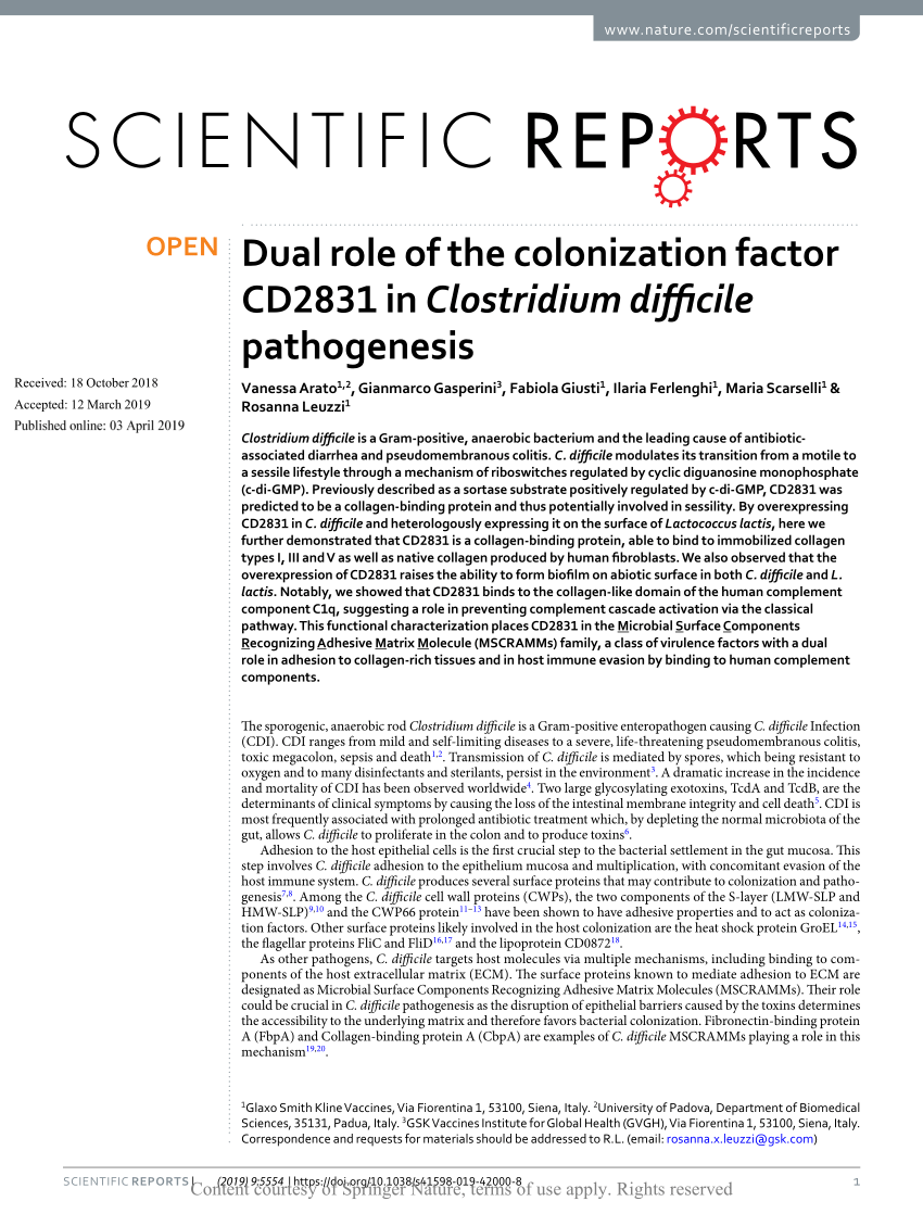 (PDF) Dual role of the colonization factor CD2831 in Clostridium difficile  pathogenesis