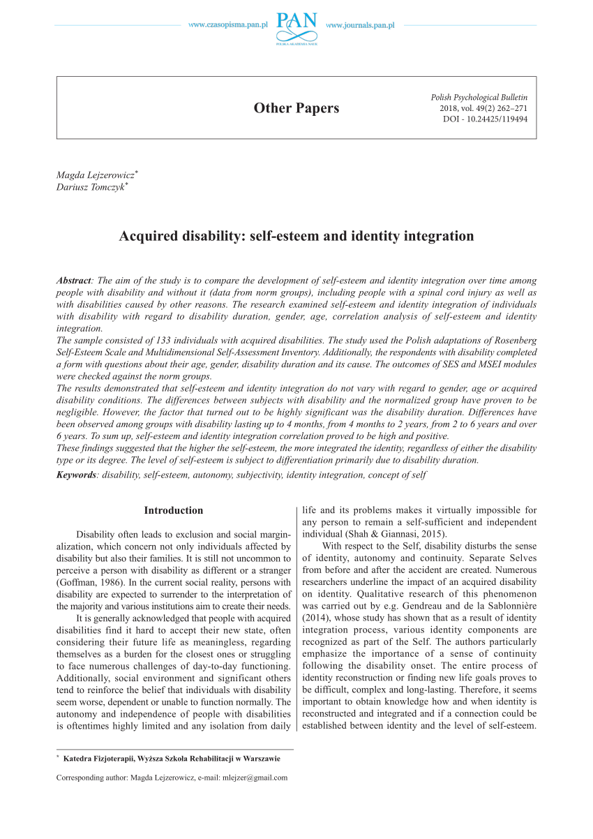 Pdf Acquired Disability Self Esteem And Identity Integration