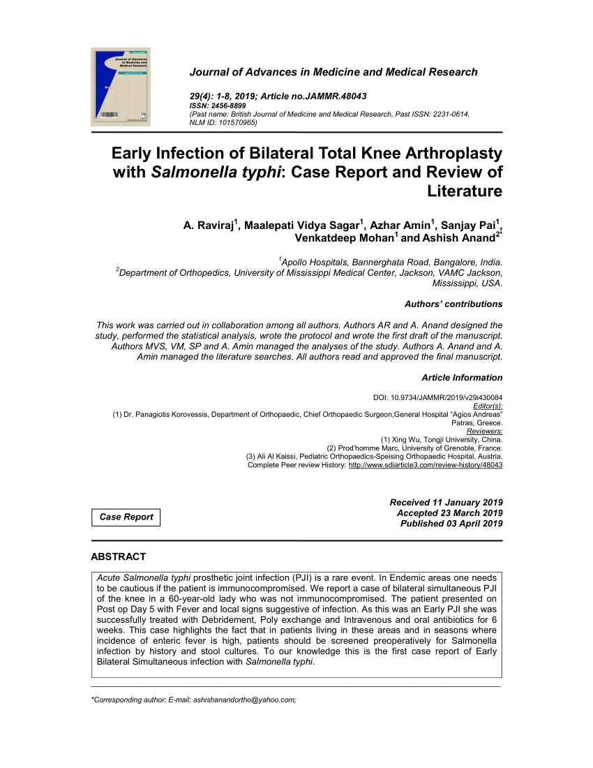 Pdf Early Infection Of Bilateral Total Knee Arthroplasty With Salmonella Typhi Case Report 7604