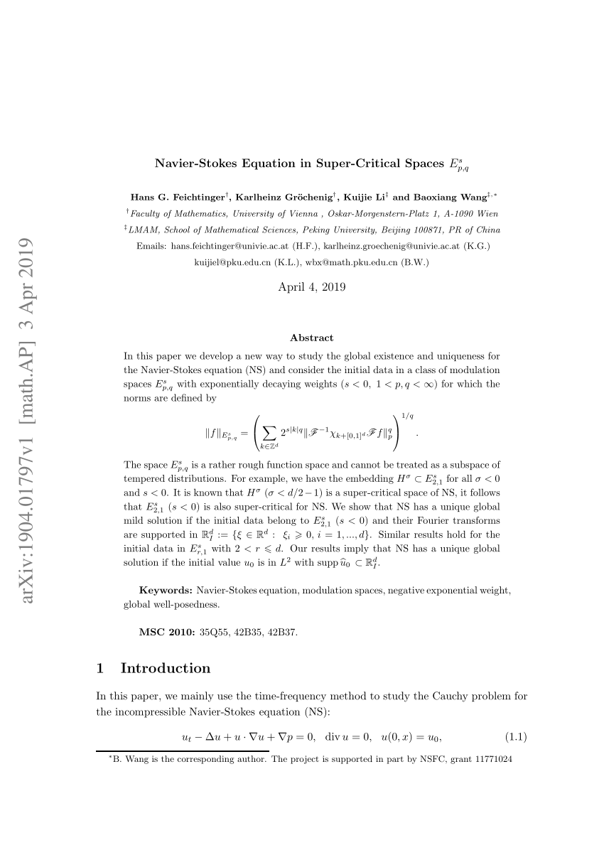 Pdf Navier Stokes Equation In Super Critical Spaces E S P Q