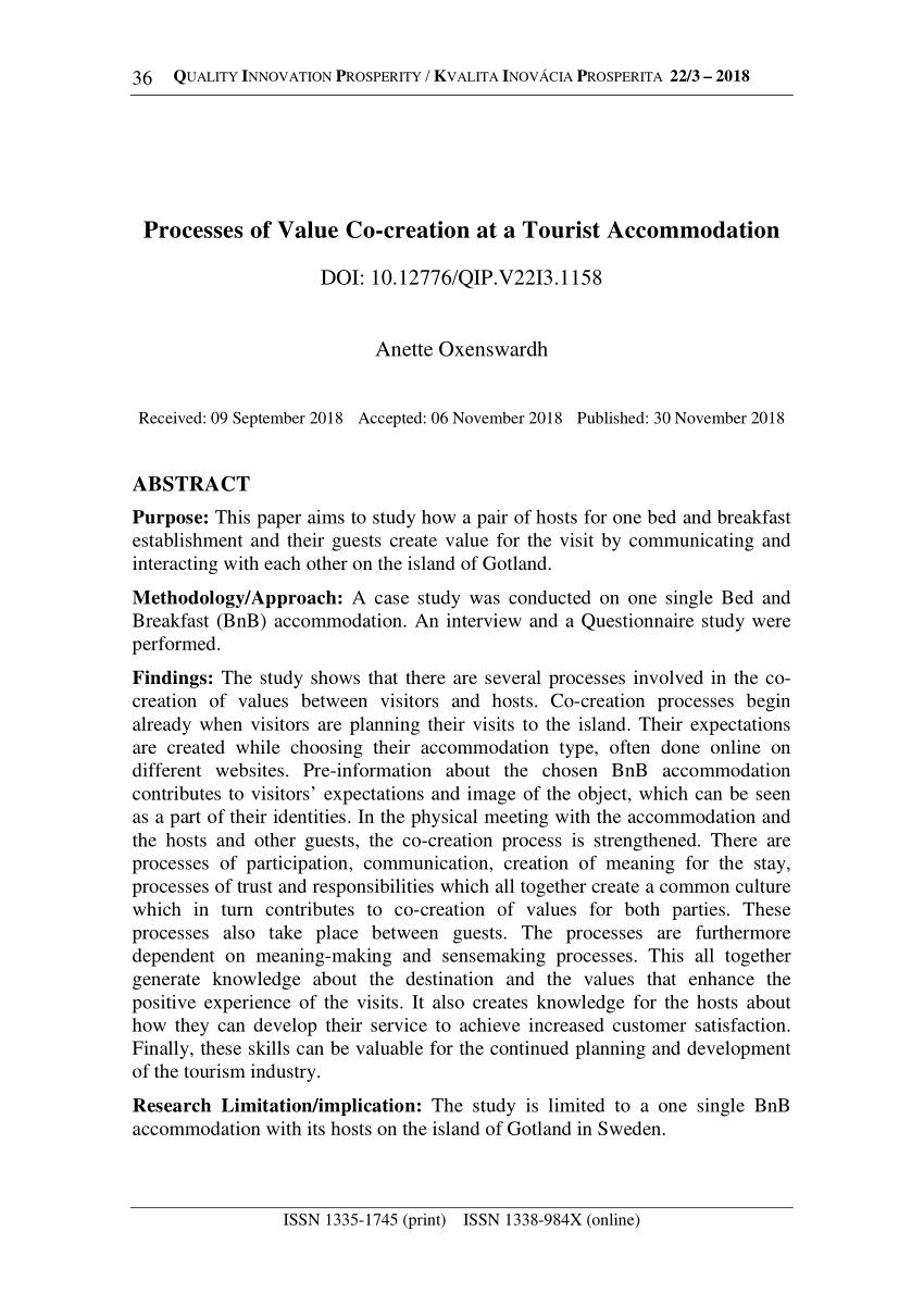 Pdf Processes Of Value Co Creation At A Tourist Accommodation