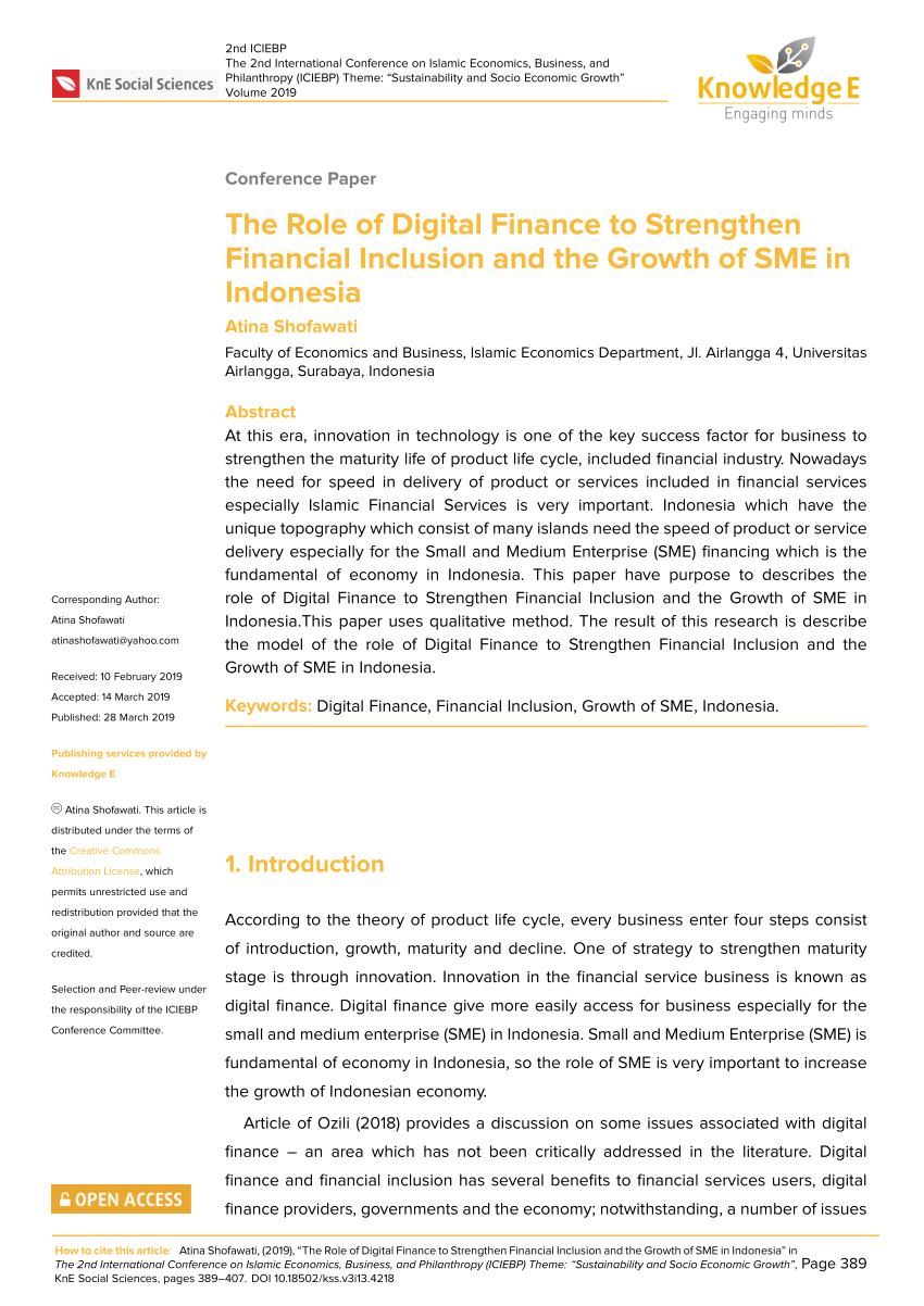Pdf The Role Of Digital Finance To Strengthen Financial Inclusion And The Growth Of Sme In Indonesia