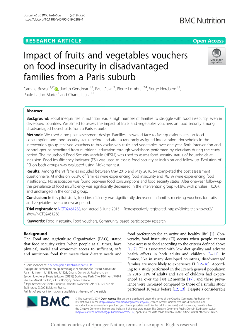 Pdf Impact Of Fruits And Vegetables Vouchers On Food Insecurity In Disadvantaged Families From A Paris Suburb
