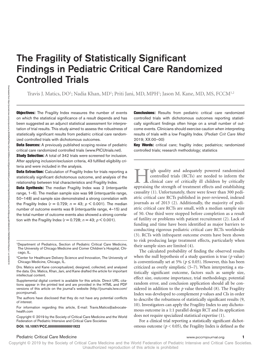 PDF The Fragility Of Statistically Significant Findings In Pediatric Critical Care Randomized