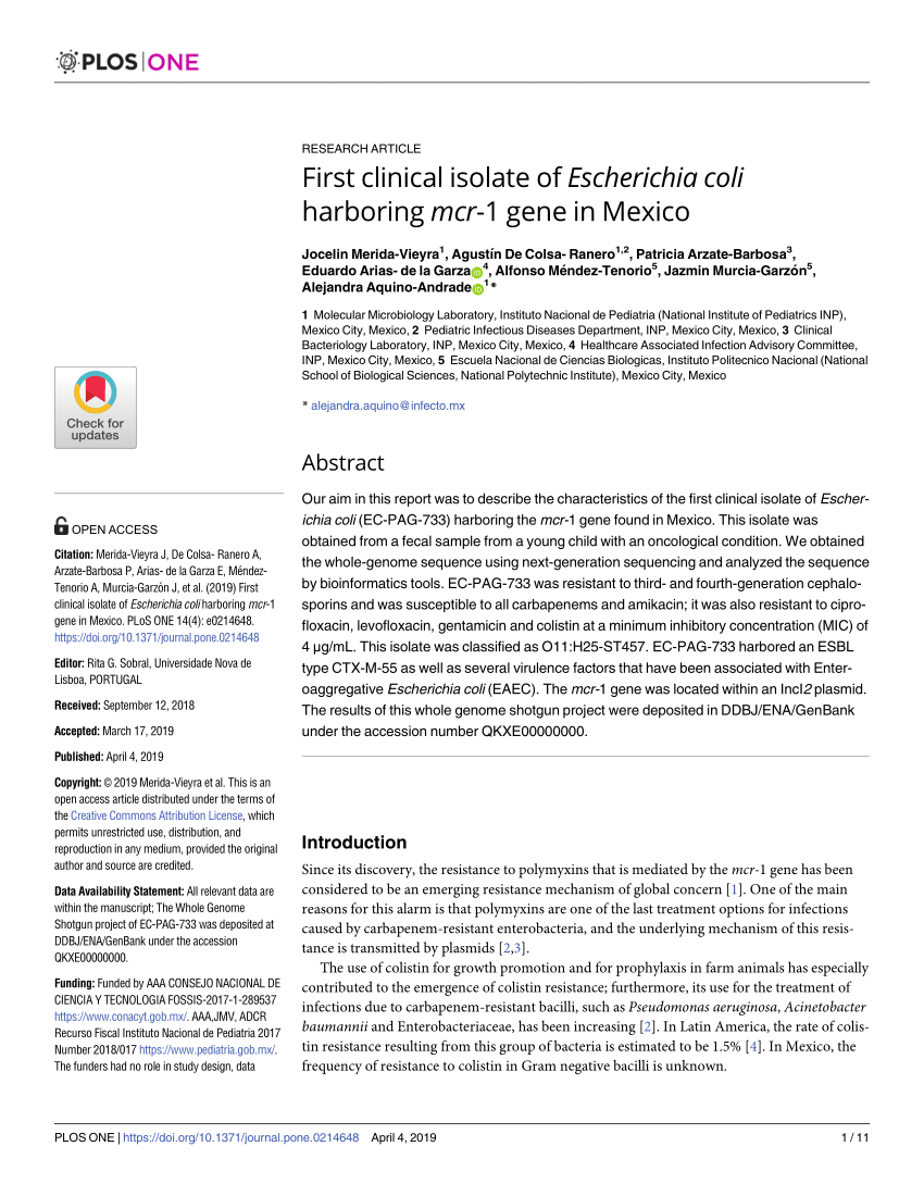 PDF) First clinical isolate of Escherichia coli harboring mcr-1 