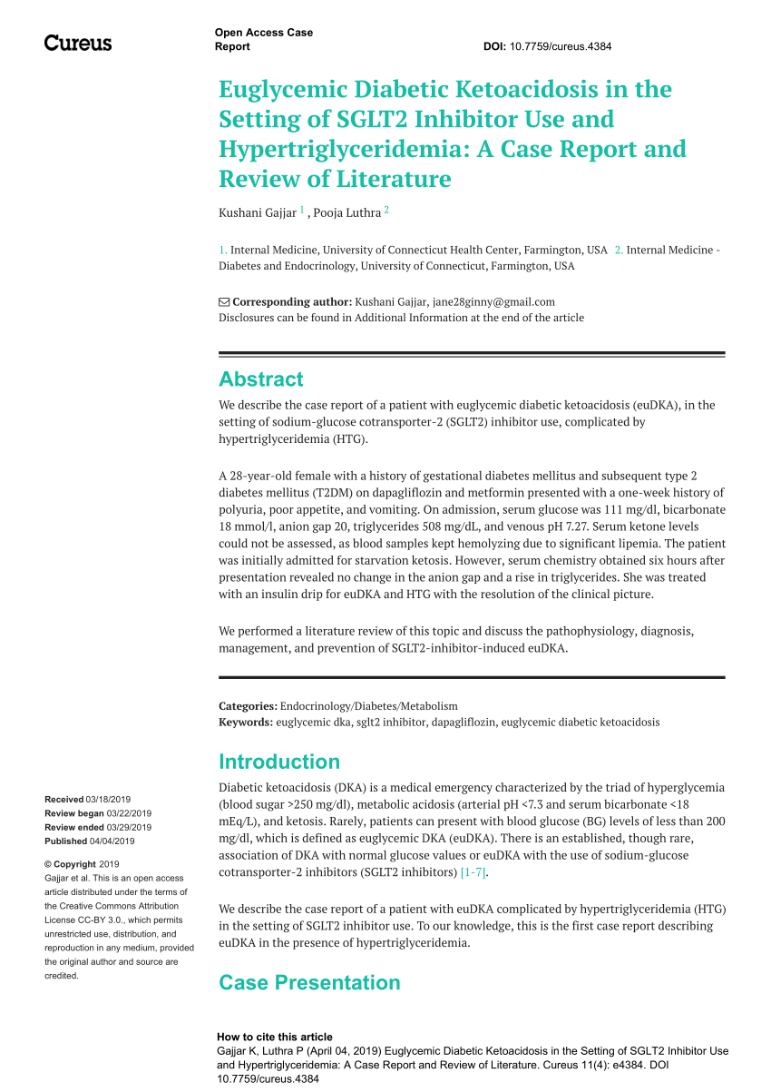 Pdf Euglycemic Diabetic Ketoacidosis In The Setting Of Sglt2 Inhibitor Use And