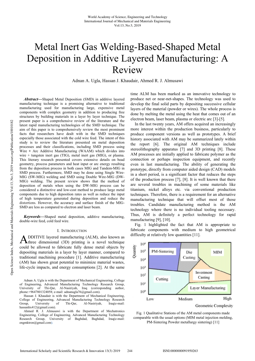 Pdf Metal Inert Gas Welding Based Shaped Metal Deposition In Additive Layered Manufacturing A Review