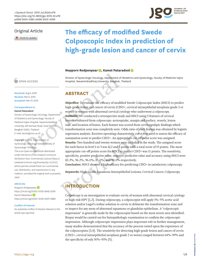 Pdf The Efficacy Of Modified Swede Colposcopic Index In Prediction Of High Grade Lesion And 4425