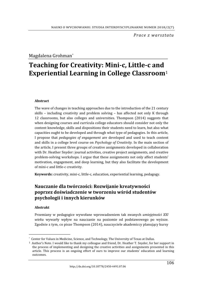 Pdf Teaching For Creativity Mini C Little C And Experiential Learning In College Classroom