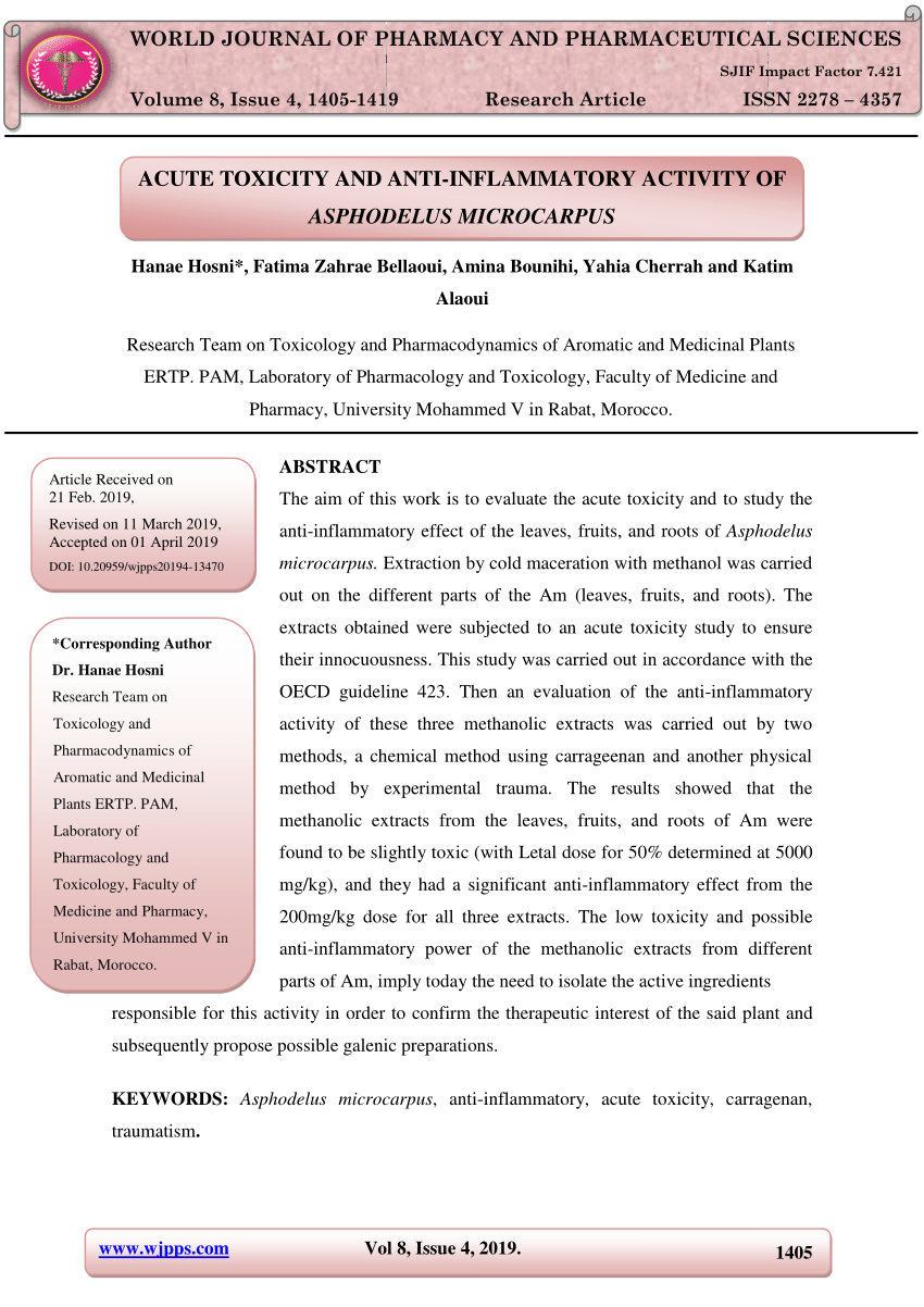 Pdf Acute Toxicity And Anti Inflammatory Activity Of Asphodelus Microcarpus