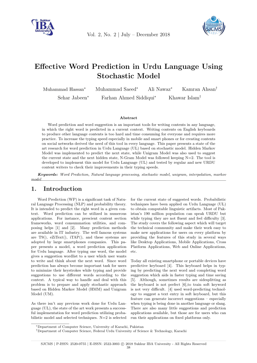 PDF) Effective Word Prediction in Urdu Language Using Stochastic Model