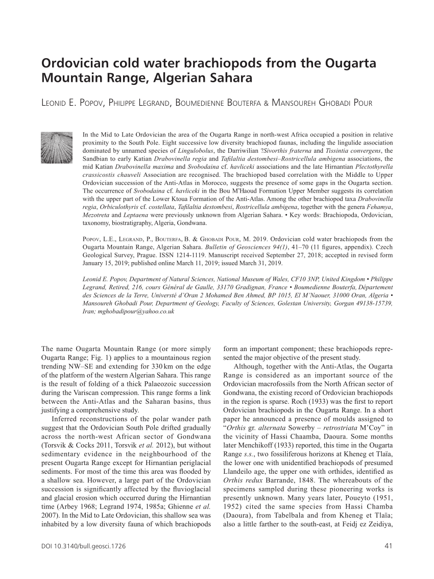 Pdf Ordovician Cold Water Brachiopods From The Ougarta Mountain Range Algerian Sahara Bulletin Of Geosciences 94 1 41 70