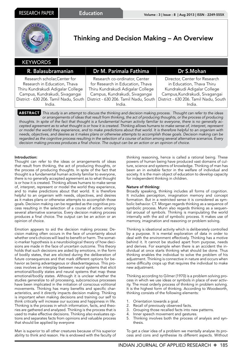 Pdf Thinking And Decision Making An Overview