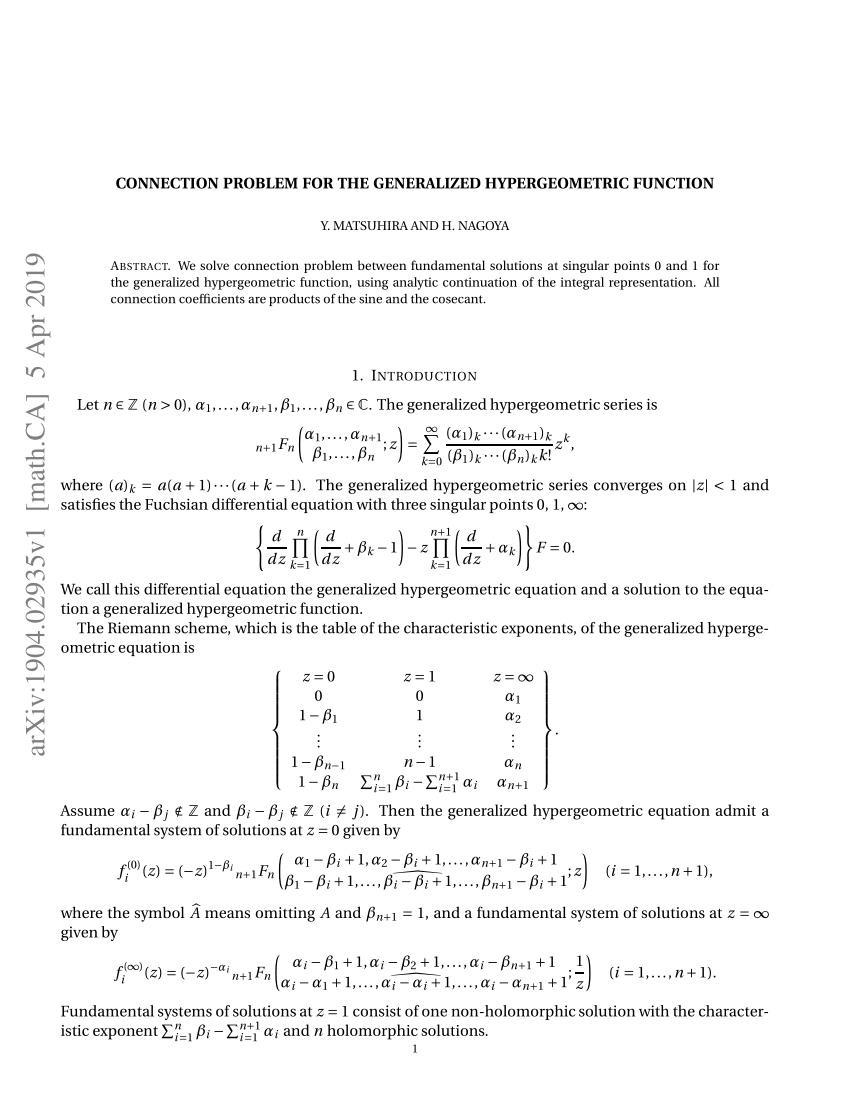 Pdf Connection Problem For The Generalized Hypergeometric Function