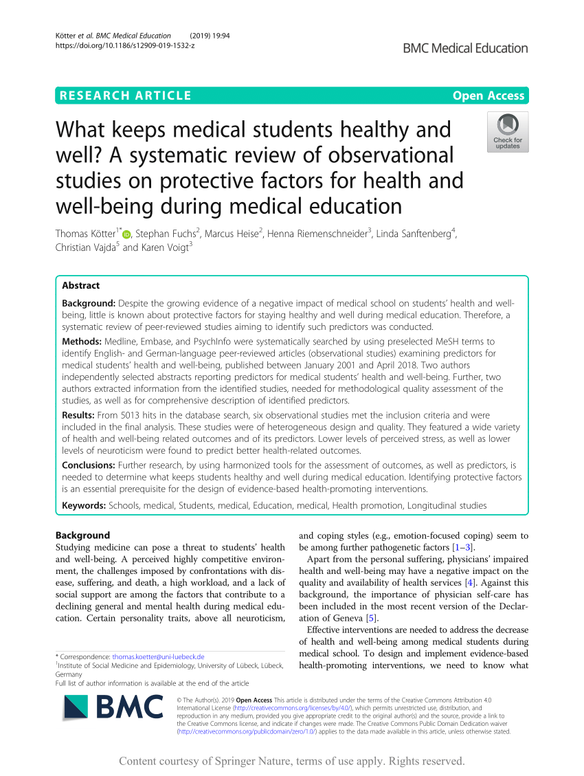 Pdf What Keeps Medical Students Healthy And Well A Systematic Review Of Observational Studies On Protective Factors For Health And Well Being During Medical Education