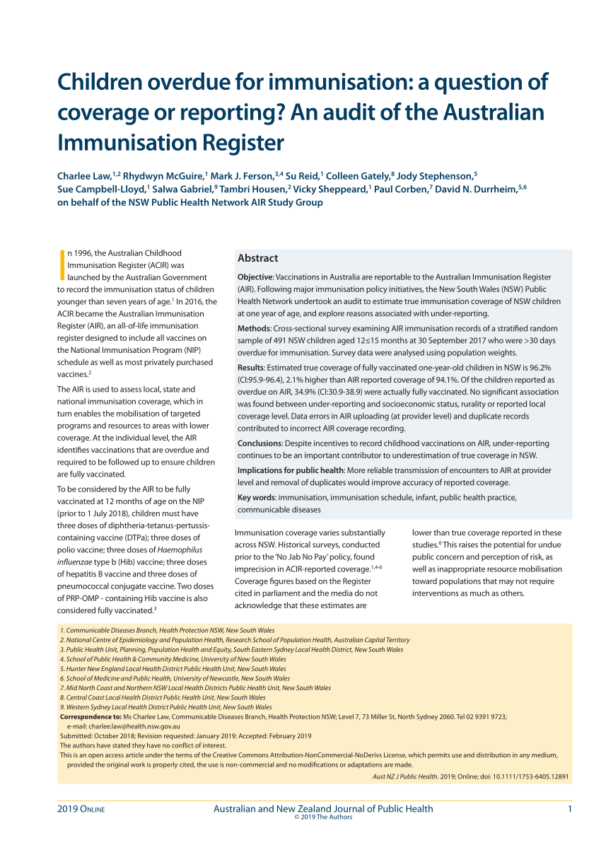 PDF) Children overdue for immunisation: question of coverage or reporting? An audit of the Australian Immunisation Register