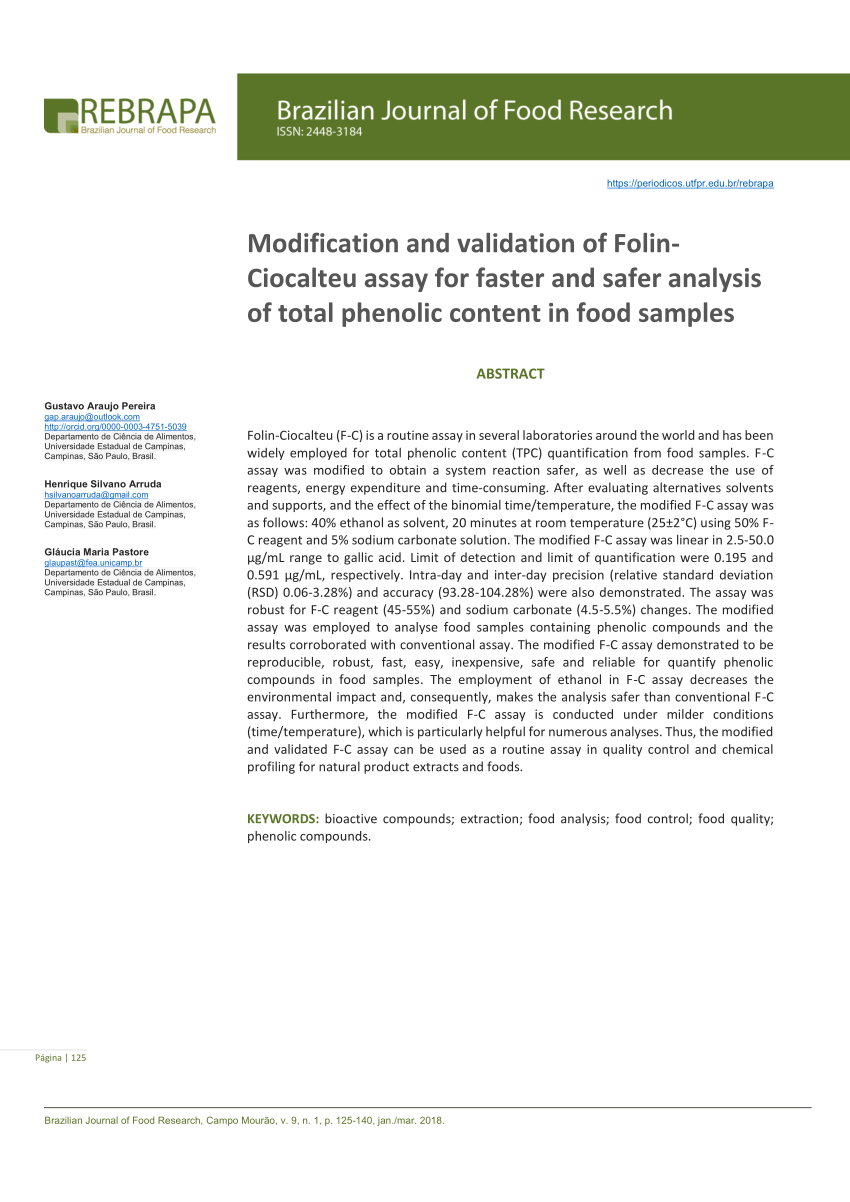 Pdf Modification And Validation Of Folin Ciocalteu Assay For Faster And Safer Analysis Of Total Phenolic Content In Food Samples