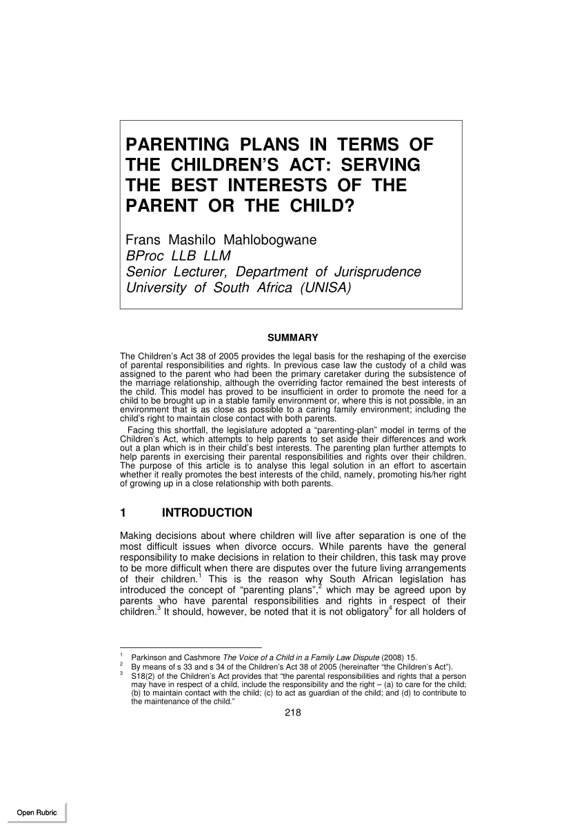 (PDF) PARENTING PLANS IN TERMS OF THE CHILDREN'S ACT ...