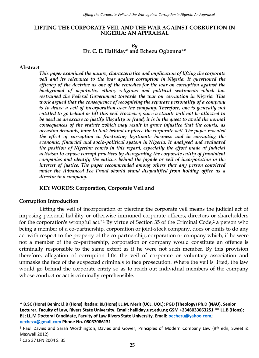 (PDF) LIFTING THE CORPORATE VEIL AND THE WAR AGAINST CORRUPTION IN