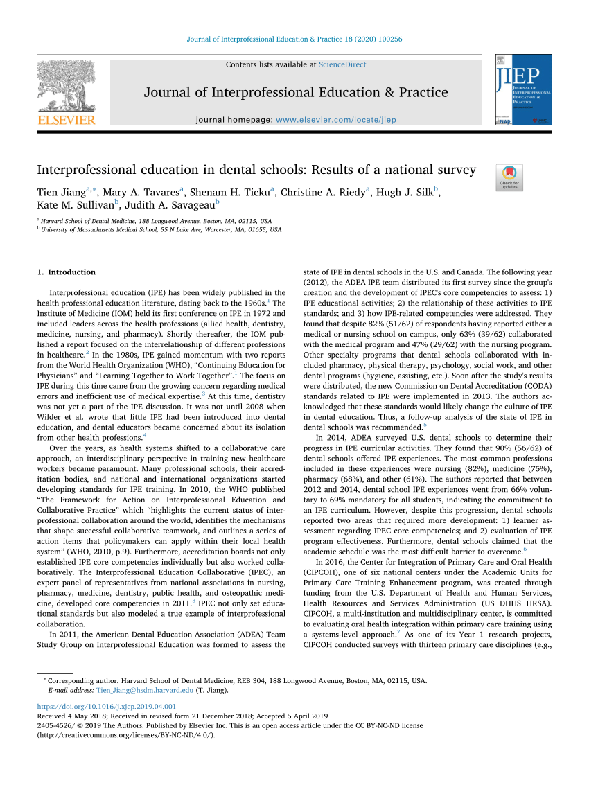 Pdf Interprofessional Education In Dental Schools Results Of A National Survey