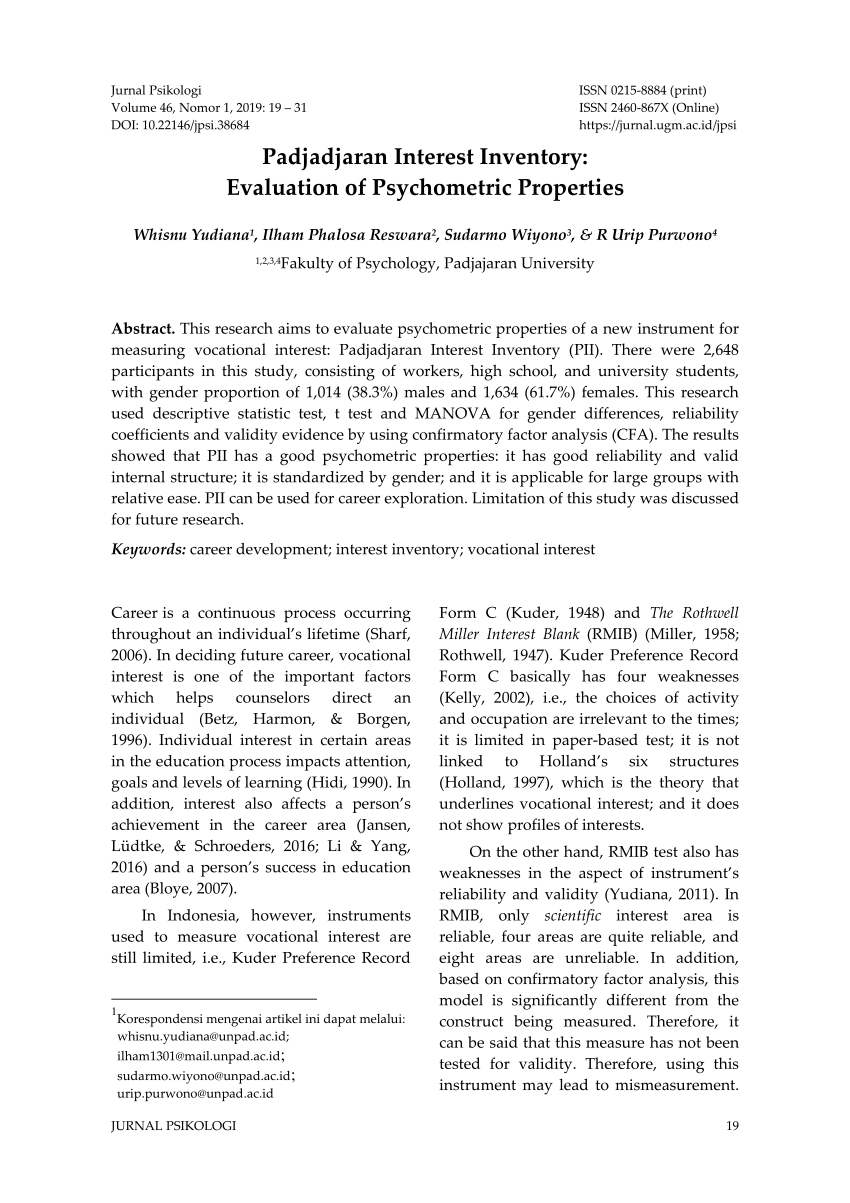 Pdf Padjadjaran Interest Inventory Evaluation Of Psychometric Properties