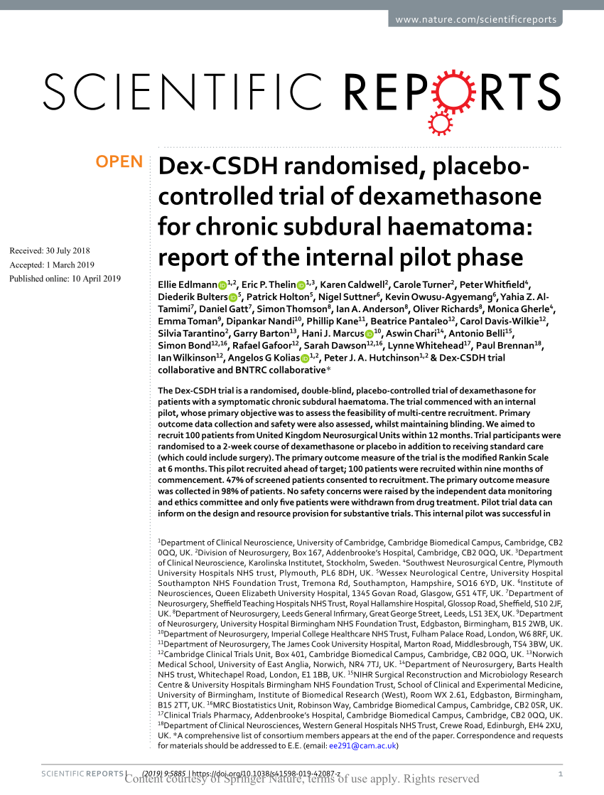 Pdf Dex Csdh Randomised Placebo Controlled Trial Of Dexamethasone For Chronic Subdural Haematoma Report Of The Internal Pilot Phase