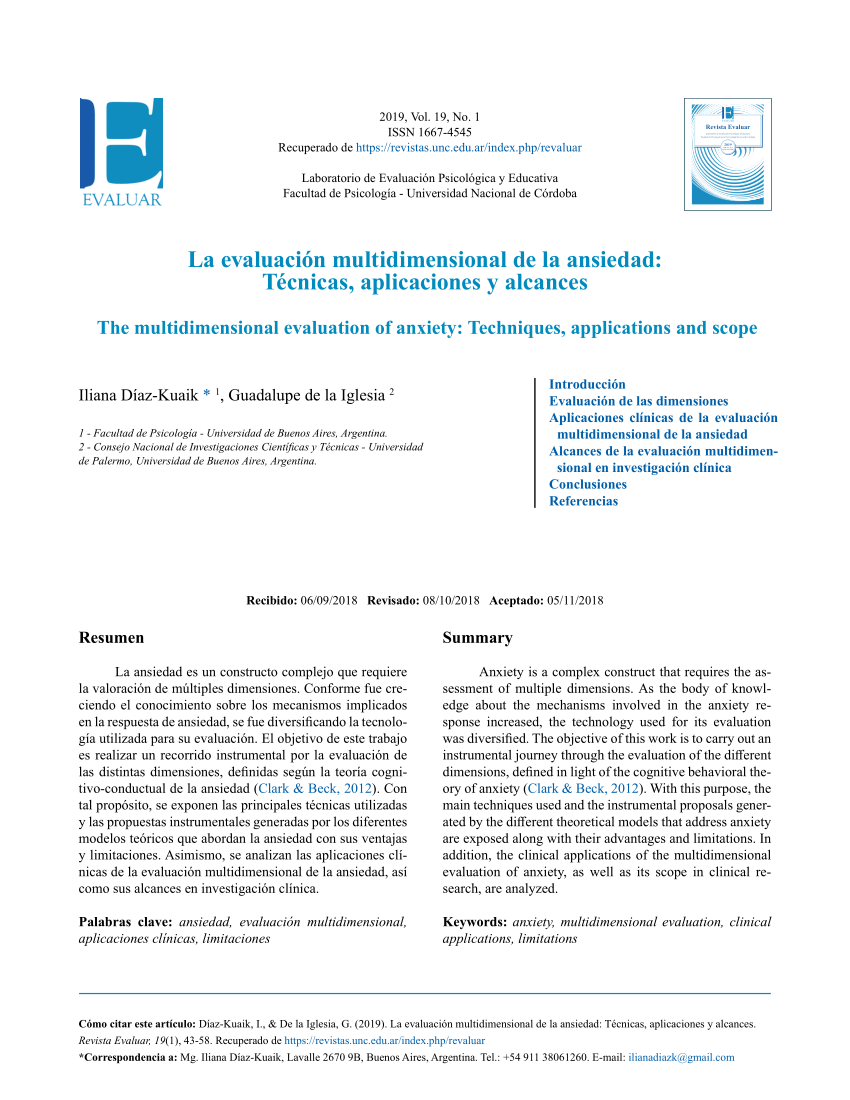 Pdf La Evaluacion Multidimensional De La Ansiedad Tecnicas Aplicaciones Y Alcances The Multidimensional Evaluation Of Anxiety Techniques Applications And Scope