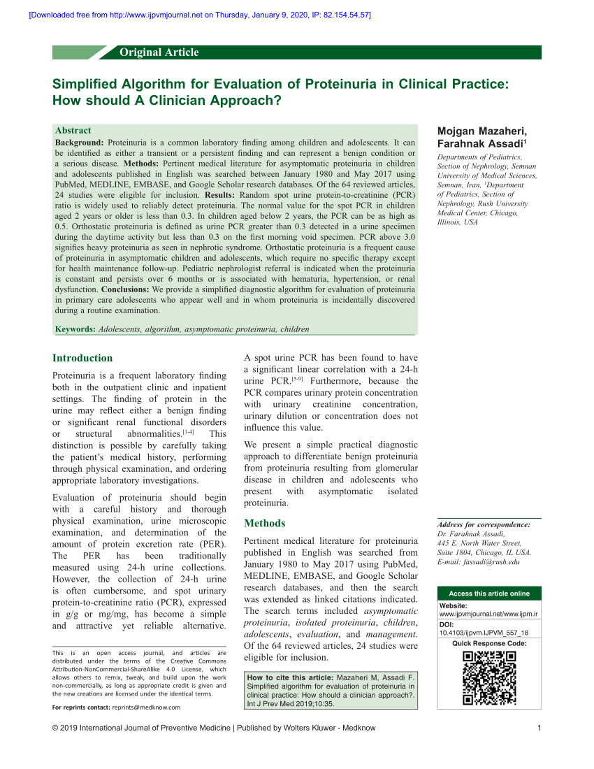 Pdf Simplified Algorithm For Evaluation Of Proteinuria In Clinical Practice How Should A 9110