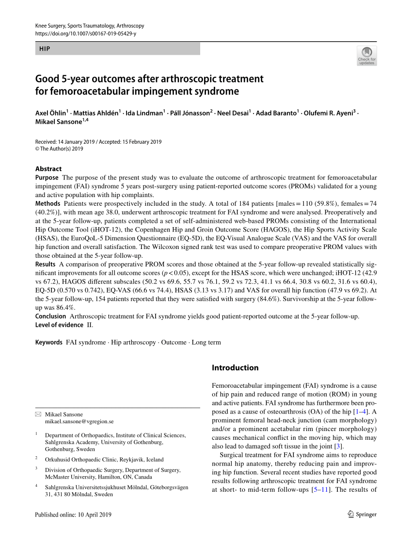 Pdf Good 5 Year Outcomes After Arthroscopic Treatment For Femoroacetabular Impingement Syndrome 3630