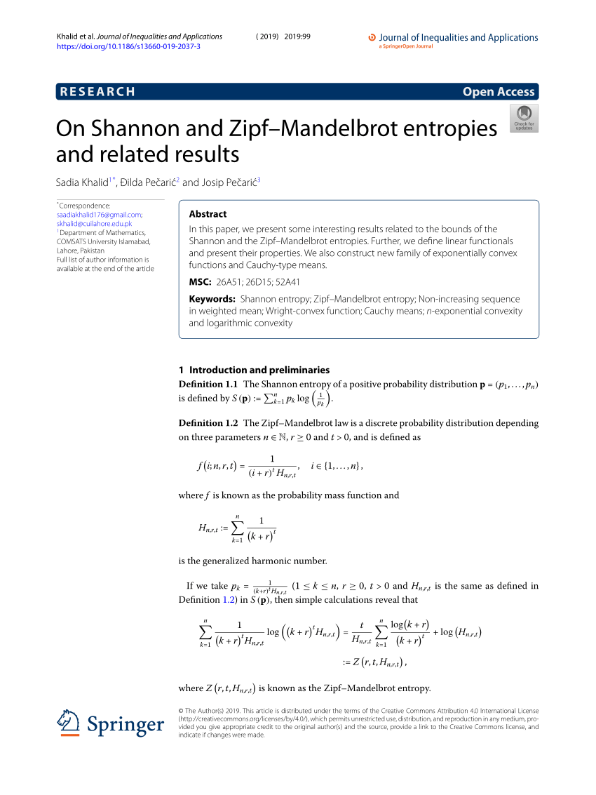 Pdf On Shannon And Zipf Mandelbrot Entropies And Related Results