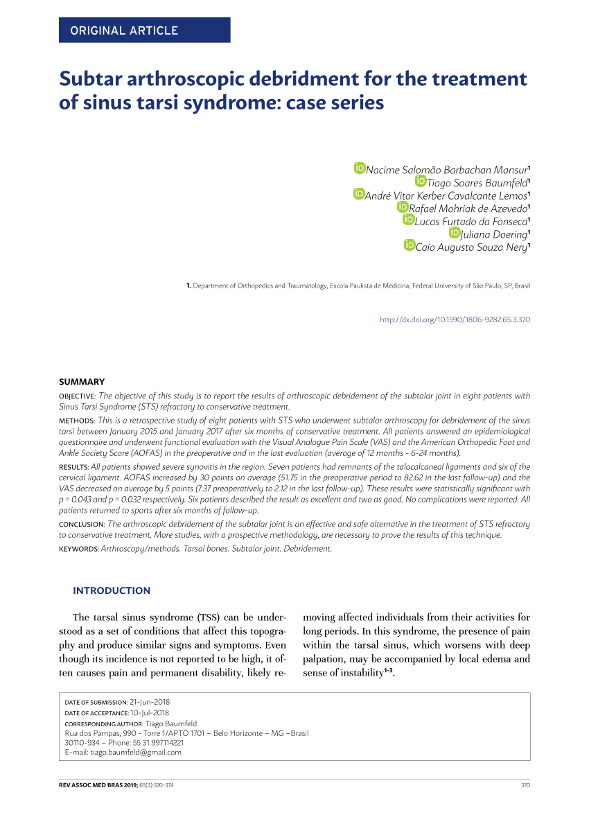 Pdf Subtalar Arthroscopic Debridment For The Treatment Of Sinus Tarsi Syndrome Case Series