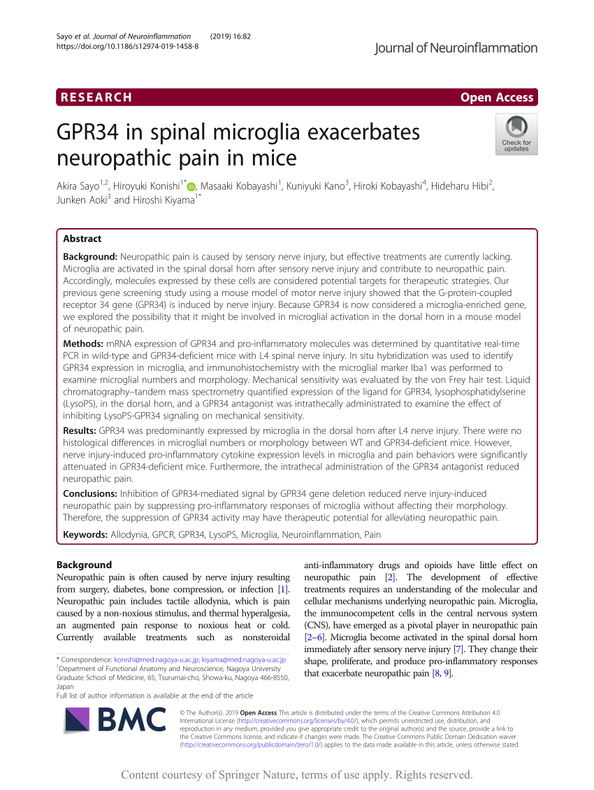 PDF) GPR34 in spinal microglia exacerbates neuropathic pain in mice