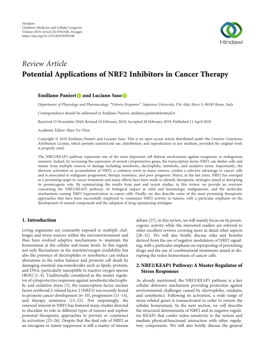 PDF) Potential Applications of NRF2 Inhibitors in Cancer Therapy