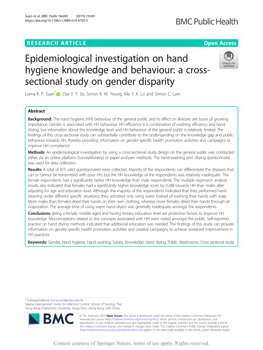 Pdf Epidemiological Investigation On Hand Hygiene Knowledge And Behaviour A Cross-sectional Study On Gender Disparity