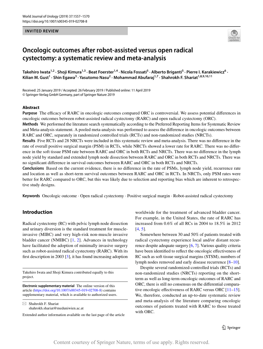 Oncologic Outcomes After Robot Assisted Versus Open Radical Cystectomy A Systematic Review And 