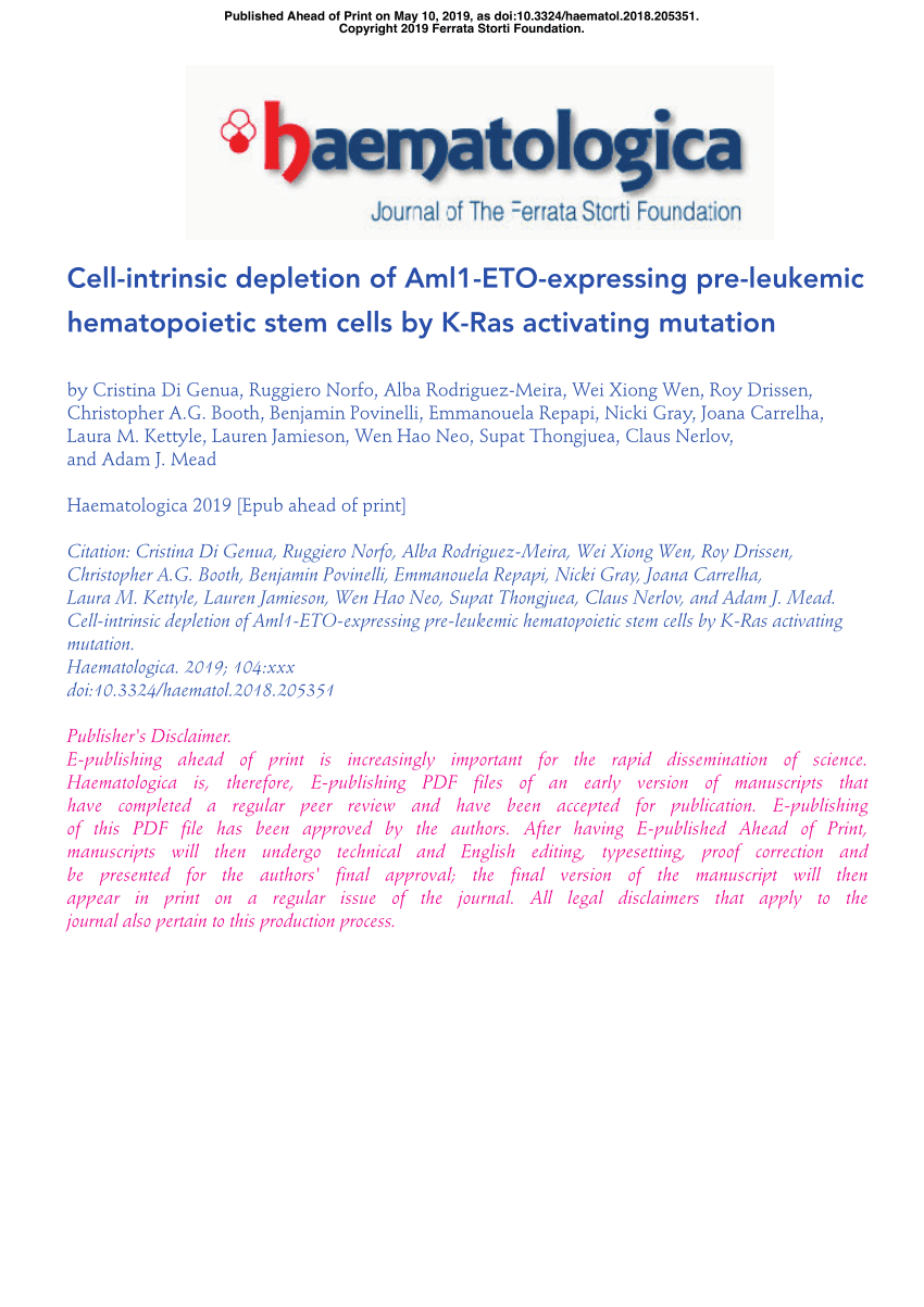 Pdf Cell Intrinsic Depletion Of Aml1 Eto Expressing Pre Leukemic Hematopoietic Stem Cells By K Ras Activating Mutation