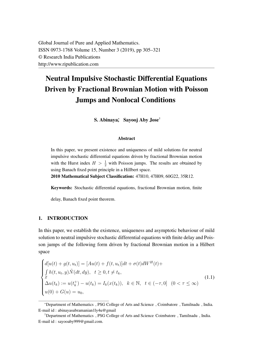 Pdf Neutral Impulsive Stochastic Differential Equations Driven By Fractional Brownian Motion With Poisson Jumps And Nonlocal Conditions