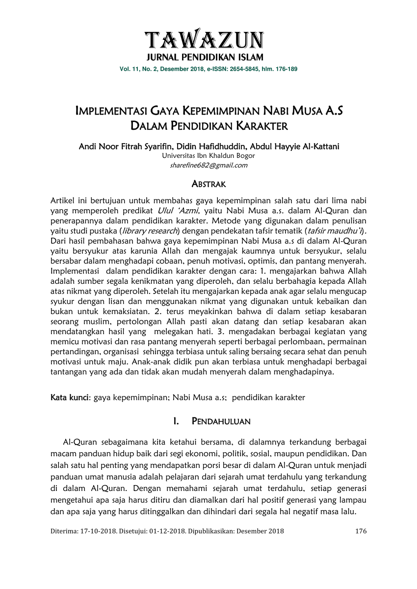 Pdf Implementasi Gaya Kepemimpinan Nabi Musa A S Dalam Pendidikan Karakter