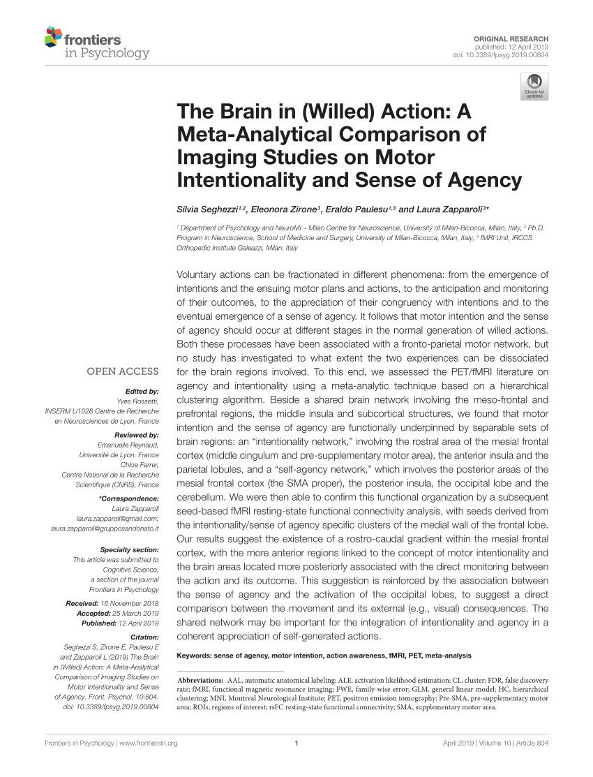 Pdf The Brain In Willed Action A Meta Analytical Comparison Of Imaging Studies On Motor Intentionality And Sense Of Agencytable 1 Docxtable 2 Docxtable 3 Docxtable 4 Docx