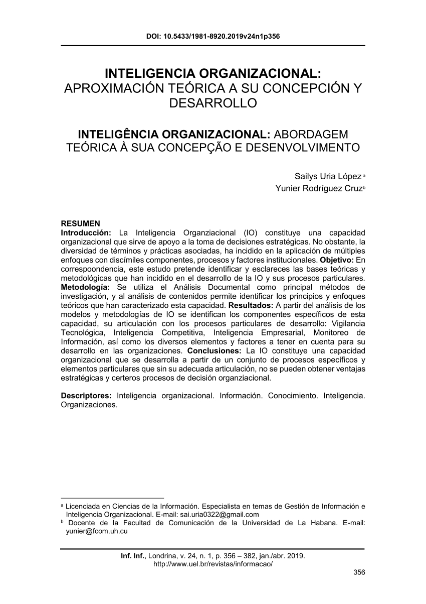 PDF) Inteligencia Organizacional: aproximación teórica a su concepción y  desarrollo