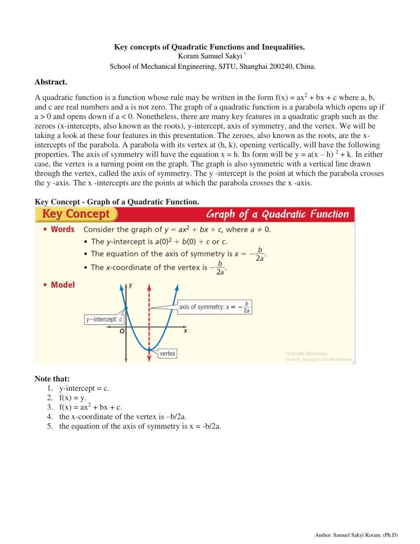 Pdf Key Concepts Of Quadratic Functions And Inequalities First Edition