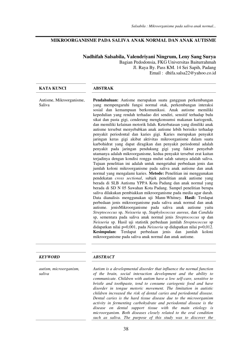 Pdf Mikroorganisme Pada Saliva Anak Normal Dan Anak Autisme