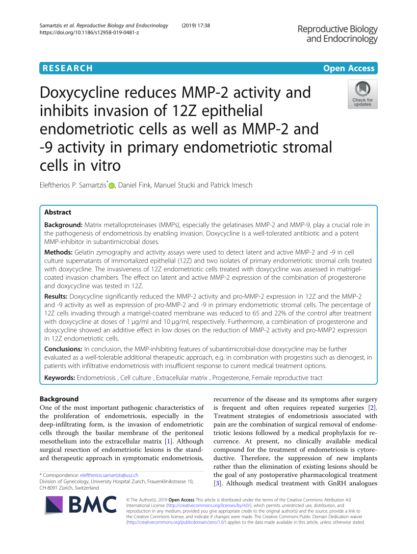 Pdf Doxycycline Reduces Mmp 2 Activity And Inhibits Invasion Of 12z Epithelial Endometriotic Cells As Well As Mmp 2 And 9 Activity In Primary Endometriotic Stromal Cells In Vitro