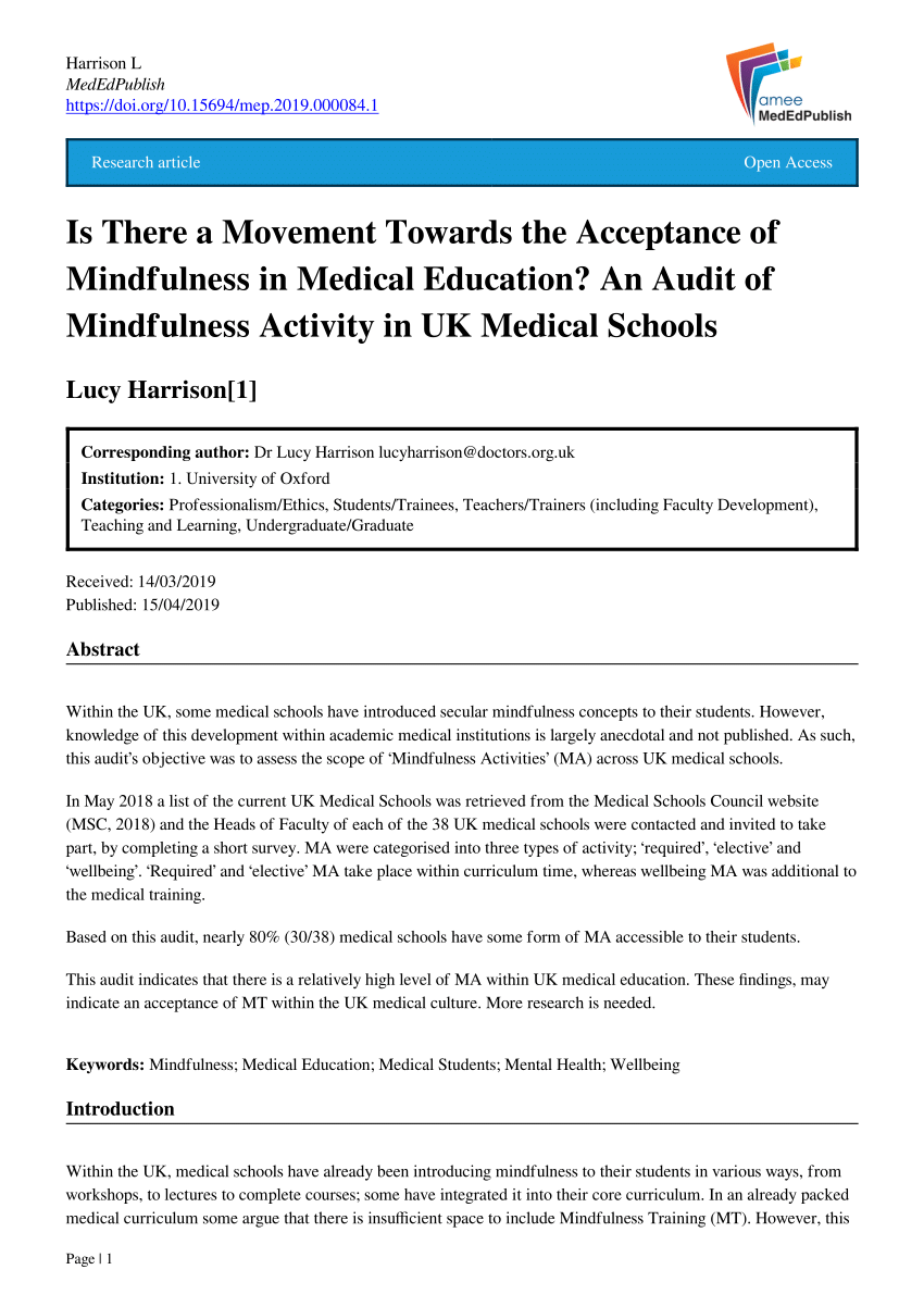 Pdf Is There A Movement Towards The Acceptance Of Mindfulness In Medical Education An Audit Of Mindfulness Activity In Uk Medical Schools