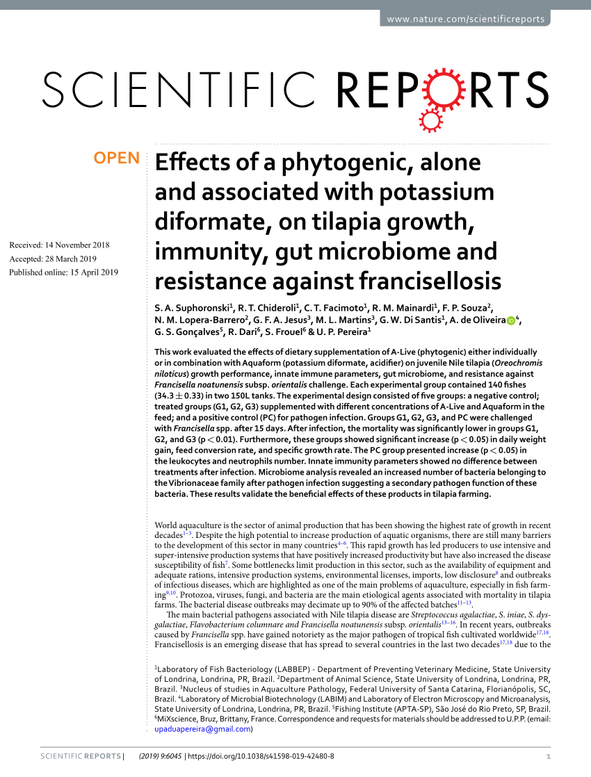 Pdf Effects Of A Phytogenic Alone And Associated With Potassium Diformate On Tilapia Growth Immunity Gut Microbiome And Resistance Against Francisellosis