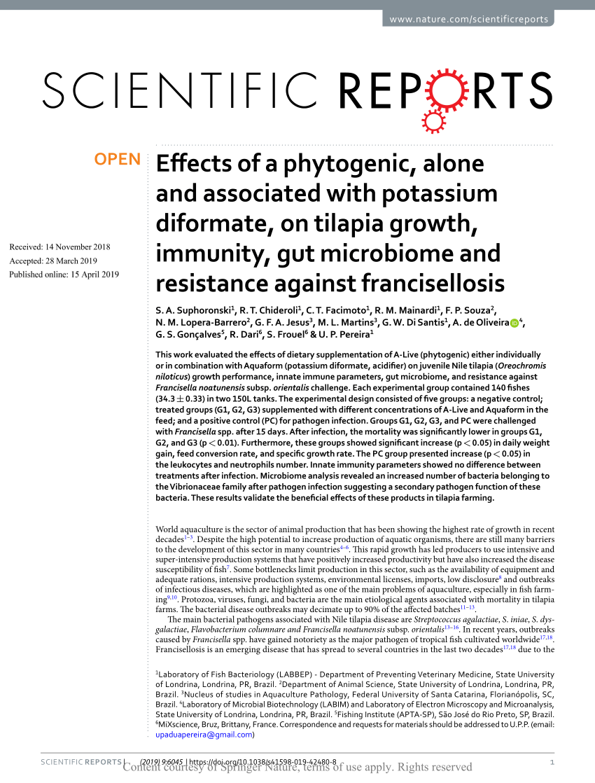 Pdf Effects Of A Phytogenic Alone And Associated With Potassium Diformate On Tilapia Growth Immunity Gut Microbiome And Resistance Against Francisellosis