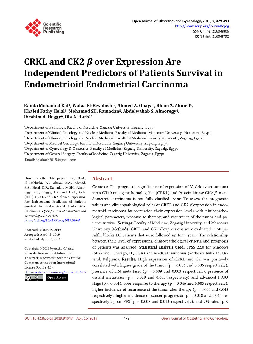 Pdf Crkl And Ck2 B Over Expression Are Independent Predictors Of Patients Survival In Endometrioid Endometrial Carcinoma