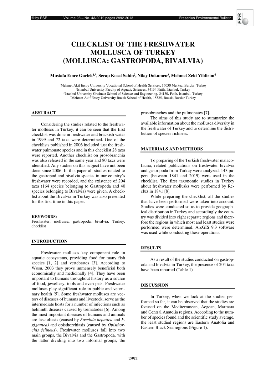 Pdf Checklist Of The Freshwater Mollusca Of Turkey Mollusca Gastropoda Bivalvia